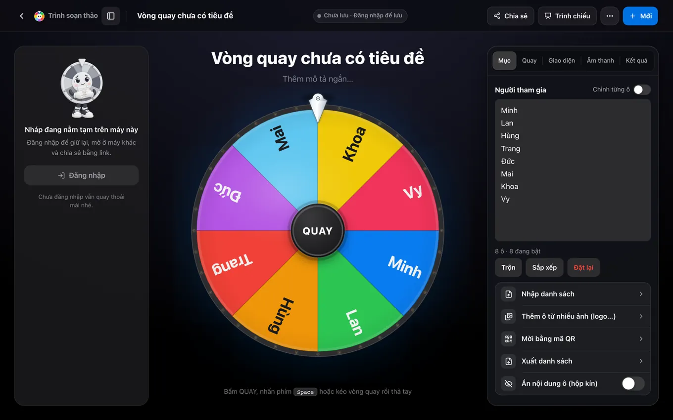 Trình soạn vòng quay: đĩa giữa màn, danh sách người tham gia và bảng tuỳ chỉnh