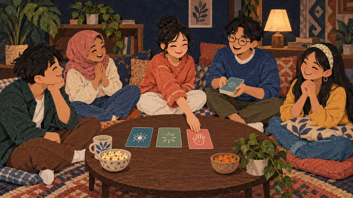 Nhóm bạn ngồi quanh bàn, một bạn chọn thẻ bàn tay mở giữa ba thẻ con mắt, tia chuyển động và bàn tay