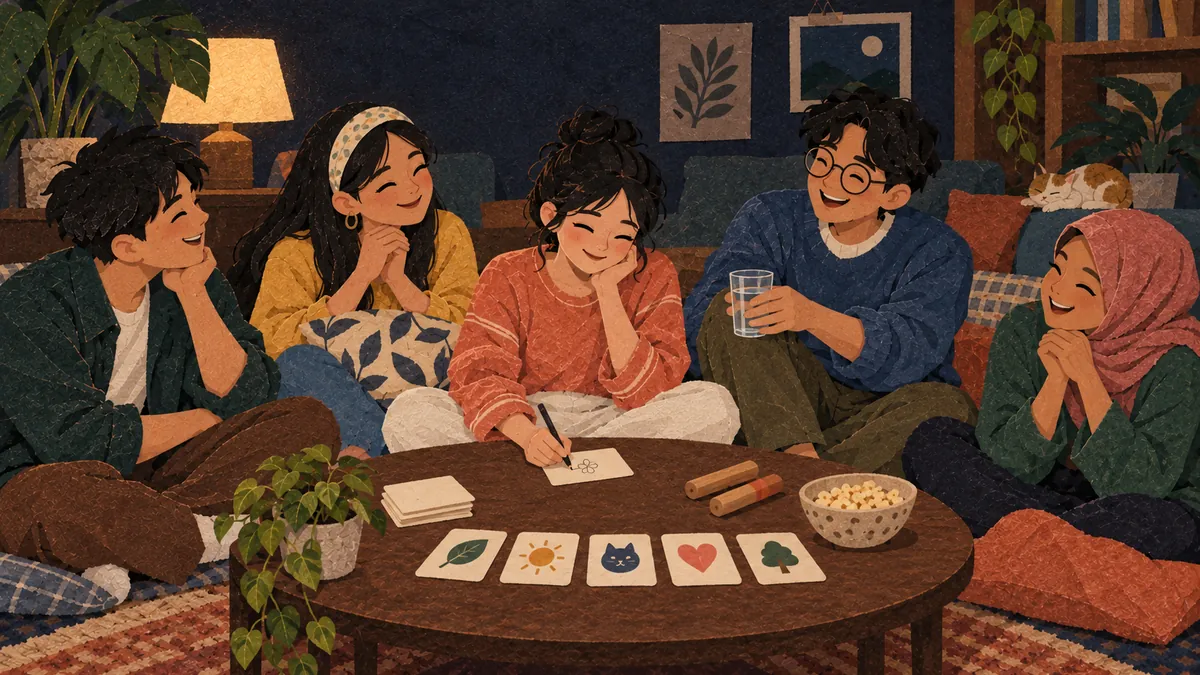 Nhóm bạn ngồi quanh bàn thấp, một bạn đang vẽ lên tấm thẻ nhỏ trong khi cả nhóm mỉm cười chờ