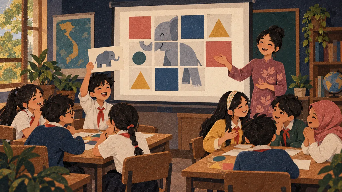 Lớp học nhìn lên màn chiếu có hình con voi lộ ra sau các mảnh màu, một học sinh giơ thẻ hình con voi