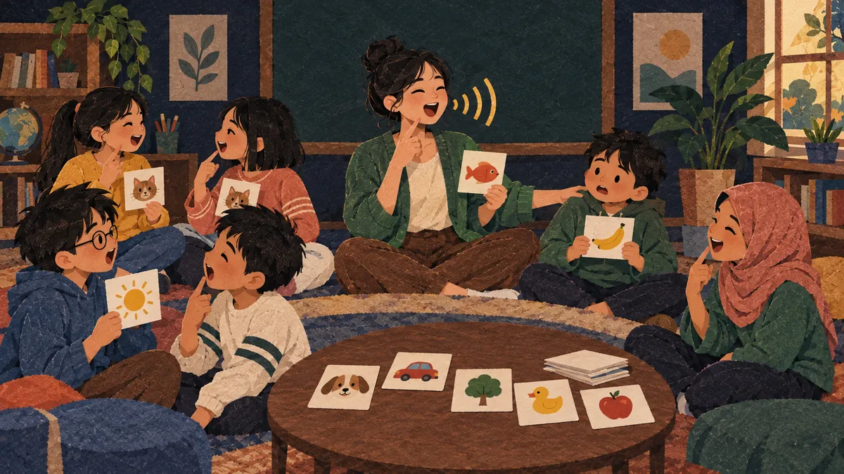 Cô giáo ngồi cùng học sinh trên thảm, giơ thẻ hình con cá; các em giơ thẻ hình con mèo, mặt trời, quả chuối